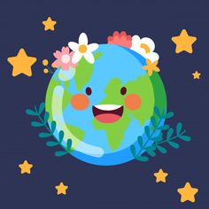 the earth with flowers on its head and stars around it, in front of a blue background