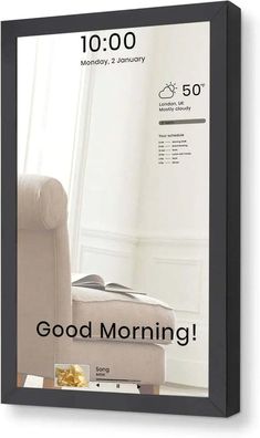 a white chair sitting next to a window with the words good morning on it