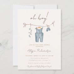 Oh Boy boho watercolor baby clothes blue shower Invitation | Zazzle