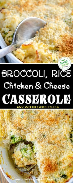 broccoli rice chicken and cheese casserole in a white dish with a serving spoon