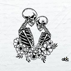 two skeletons kissing each other with flowers in their hands