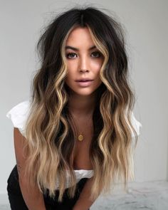 Dark Brown and Golden Blonde Hair Rambut Brunette, Black Hair Balayage, Dark Brunette Hair, Money Piece, Ombré Hair, Dark Brown Hair Color, Brown Blonde Hair, Hair Colorist, Hair Color Balayage