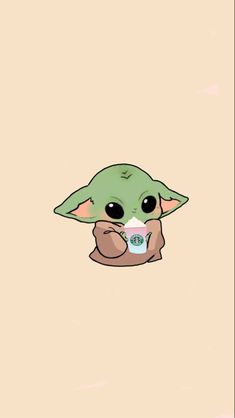 a baby yoda holding a cup with its face in the center, on a beige background