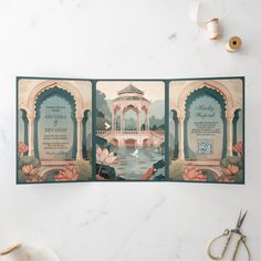 the wedding card is designed to look like a palace