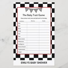 a baby shower game with black and white checkered squares on the front, red trimming