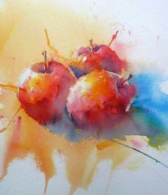 watercolor painting of three cherries on a white surface with yellow and blue colors