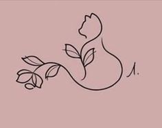 a black and white drawing of a cat with leaves on it's tail, in the shape of a flower