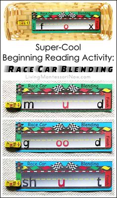 an advertisement for the beginning reading activity race car blending