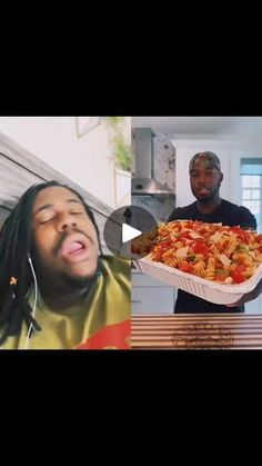 two men standing in front of a table with food on it and one man holding a pizza