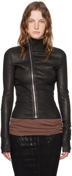 Stretch grained lambskin and cotton-blend jacket. · Raw edge at funnel neck, hem, and cuffs · Offset zip closure · Saddle shoulders · Central seam at back · Unlined Supplier color: Black Fitted Leather Jacket With Zipper, Fitted Leather Jacket With Zipper Closure, Sleek Fitted Outerwear With Asymmetrical Zip, Sleek Fitted Biker Jacket With Long Sleeves, Fall Workwear Leather Jacket With Zip Cuffs, Leather Jacket With Zip Cuffs For Work In Fall, Fall Leather Jacket With Zip Cuffs For Work, Fitted Biker Jacket With Stand Collar For Spring, Modern Fitted Outerwear With Zipper Closure