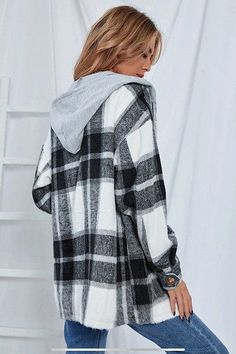 Plaid button drawstring hooded jacket*please note: flannel labeled as teal is more of an indigo tone Plaid Winter Jacket, Woolen Coat Woman, Dirndl Outfit, Plaid Hoodie, Bandeau Tops, Flannel Jacket, Plaid Coat, Long Sleeve Flannel, Plaid Jacket