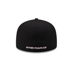 The Inter Miami Basic Black 59FIFTY Fitted Cap features an embroidered Inter Miami logo at the front panels with a team wordmark at the rear. Additional details include a black crown and visor with a gray undervisor. Black Snapback Hat With Team Logo, Black Fitted Hat With Embroidered Logo, Miami Logo, Black Six-panel Fitted Hat With Embroidered Logo, Black Six-panel Snapback Hat With Embroidered Logo, Black Military Snapback Hat For Sports, Boise State Broncos, Black Crown, Miami Marlins