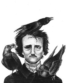 a black and white drawing of a man with two crows on his head, in front of him