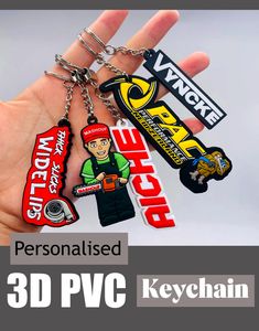 a hand holding several different key chains with the words, personalised and 3d stickers on them