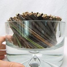 a hand holding a glass bowl filled with sticks