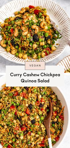 two bowls filled with curry cashew chickpea quinoa salad