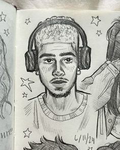 a drawing of a man with headphones on his face and two other people behind him