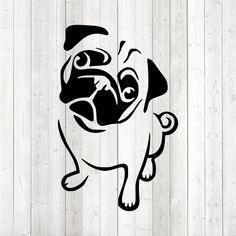 a black and white pug dog with a hat on it's head standing in front of a wooden fence