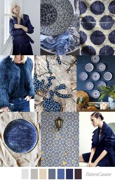 a collage of blue and white items including plates, rugs, wallpaper