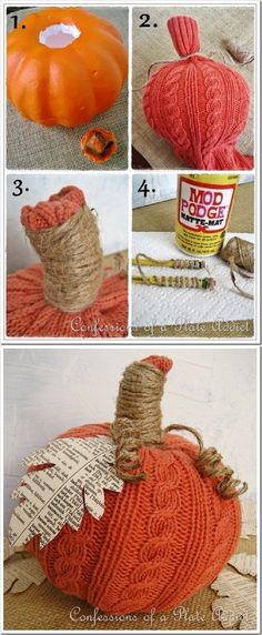 the steps to make a knitted pumpkin