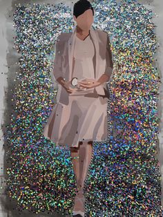 a painting of a woman walking in front of a wall with confetti all over it