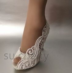 su.cheny 3" 4" heel satin white ivory lace pearls open toe Wedding Bridal shoes | eBay Lace Open Toe Wedding Shoes For Ceremony, Lace Open Toe Wedding Shoes, Cream Lace Open Toe Wedding Shoes, Open Toe Lace Wedding Shoes, White Open Toe Wedding Shoes, Bridal Heels, Light Ivory, Vintage Glamour, Ivory Lace