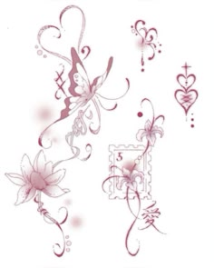 some pink flowers and butterflies on a white background, with the word love written in it