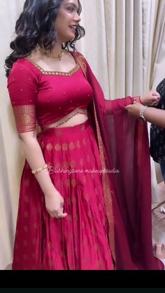 Saree Ghagra Style, Lehenga Ideas From Saree, Women Lehanga Designs, Aalta Designs Bengali Hands, Lehenga Blouse Designs Square Neck, Traditional Dresses For Engagement, Dhavani For Wedding, Engagement Dress For Women Indian, Saree Lehenga Blouse Designs