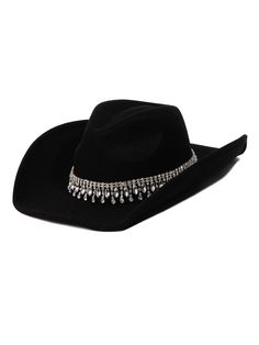 Cool and stylish, our Rhinestone Fringe Chain Fedora Hat adds a touch of glamor to any outfit. It features a classic fedora shape trimmed with amazing rhinestones and a metal chain fringe detail. Shine on! Trucker Hat Fashion, Black Cowboy Hat, Gameday Dress, Rhinestone Fringe, Chain Fringe, Black Cowboy, Felt Fedora, Heel Slippers, Bar Earrings