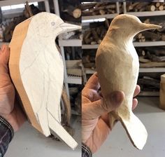 two pictures of the same bird in different stages of being carved and then painted to look like wood