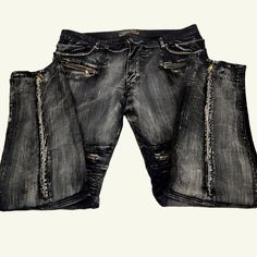 Excellent Condition Genuine Robin's Jeans Zippee Pockets Zips Up The Back Of The Legs Quilted Patches Factory Distressing Robin Jeans, Mens Straight Jeans, Rhinestone Studs, Black Gray, Mens Jeans, Black Jeans, Zip Ups, Black And Grey, Man Shop