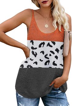 BLENCOT Women Casual Knit Tank Tops Scoop Neck Leopard Color Block Flowy Sleeveless Shirts Strappy Blouses Office Orange XL at Amazon Women’s Clothing store Boutique Wholesale, Shoulder Belt, Sweaters Women, Women Hoodies, Loose Tank Tops, Clothing Wholesale, Women Sweaters, Womens Cami, Knitted Top