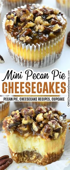 mini pecan pie cheesecakes with pecans in the middle and on top