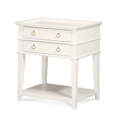 a white nightstand table with two drawers and one drawer on the bottom, in front of a white background