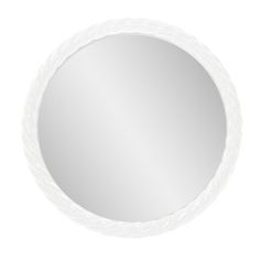 a white round mirror with braided edges on the edge and an oval shape in the middle