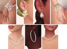 multiple images of different types of pearls and jewelry on a woman's head, with her hands in the air