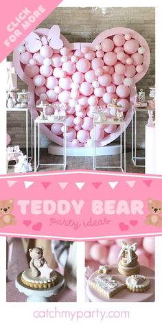 a teddy bear party with pink and white decorations