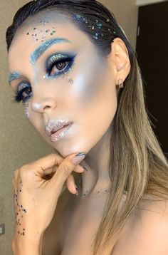 Ice Makeup Looks, Fire And Ice Makeup Looks, Fire And Ice Makeup, Ice Themed Makeup, Ice Fairy Makeup, Ice Queen Makeup Simple, Jack Frost Makeup Ice Queen, Ice Princess Costume, Snow Makeup Looks Ice Queen