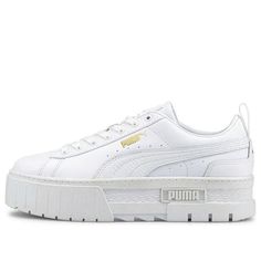 (WMNS) PUMA Mayze Classic 'White' 384209-01 (SNKR/Skate/Casual/Women's/Thick Sole/Heightening/Wear-resistant) White Sporty Platform Sneakers For Spring, Casual White Skate Shoes With Rubber Waffle Outsoles, White Platform Sneakers With Vulcanized Sole For Sports, White Spring Athletic Platform Sneakers, Summit White Low-top Casual Sneakers, Sporty White Platform Sneakers With Vulcanized Sole, Sporty White Platform Sneakers With Rubber Sole, White Sporty Platform Sneakers With Rubber Sole, Sporty White Platform Sneakers With Branded Insole