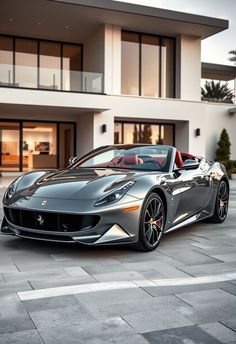 a silver sports car parked in front of a house