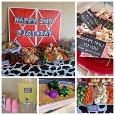 a collage of pictures with food, drinks and signs that say happy 2nd birthday