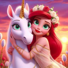 ariel the mermaid hugging a unicorn in front of a sunset with flowers on her head