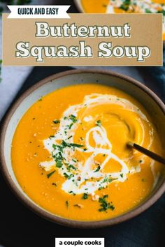 two bowls filled with butternut squash soup on top of a blue table cloth and the title overlay reads quick and easy butternut squash squash soup