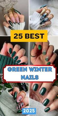 Matte Nails With Glitter Accent, Hunter Green And Silver Nails, Forest Green Winter Nails, Dark Green Nails With Snowflake, Matte Hunter Green Nails, Holiday Nails Winter Christmas Green, Green Nail Designs Christmas, Green Winter Nails Acrylic, Green Christmas Nails Coffin