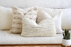 two white pillows sitting on top of a couch next to a potted snake plant