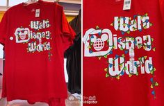 a red shirt with the words disney world on it and an image of a mickey mouse t - shirt