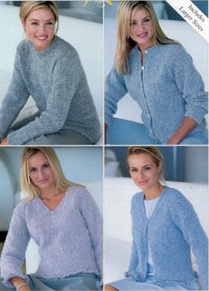 four photos of a woman wearing a sweater and smiling