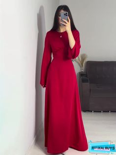 Casual Jersey Plain Crew Neck Dress Inexpensive Dresses, Dress Elegant Long, Long Red Dress, Elegant Maxi Dress, Grey Maxi Dress, Flare Sleeves, Crewneck Dress, Long Sleeve Maxi, White Maxi Dresses