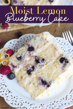 a slice of blueberry cake on a white plate