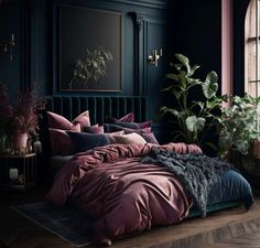 a bed in a room with dark walls and plants on the floor next to it